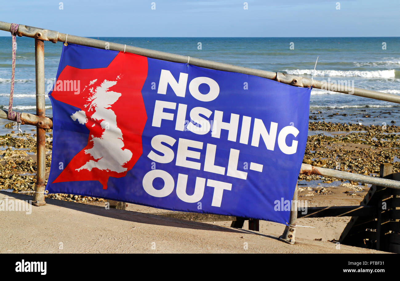 No Fishing Sell-Out banner re Brexit negotiations near inshore fishing boats at West Runton, Norfolk, England, United Kingdom, Europe. Stock Photo