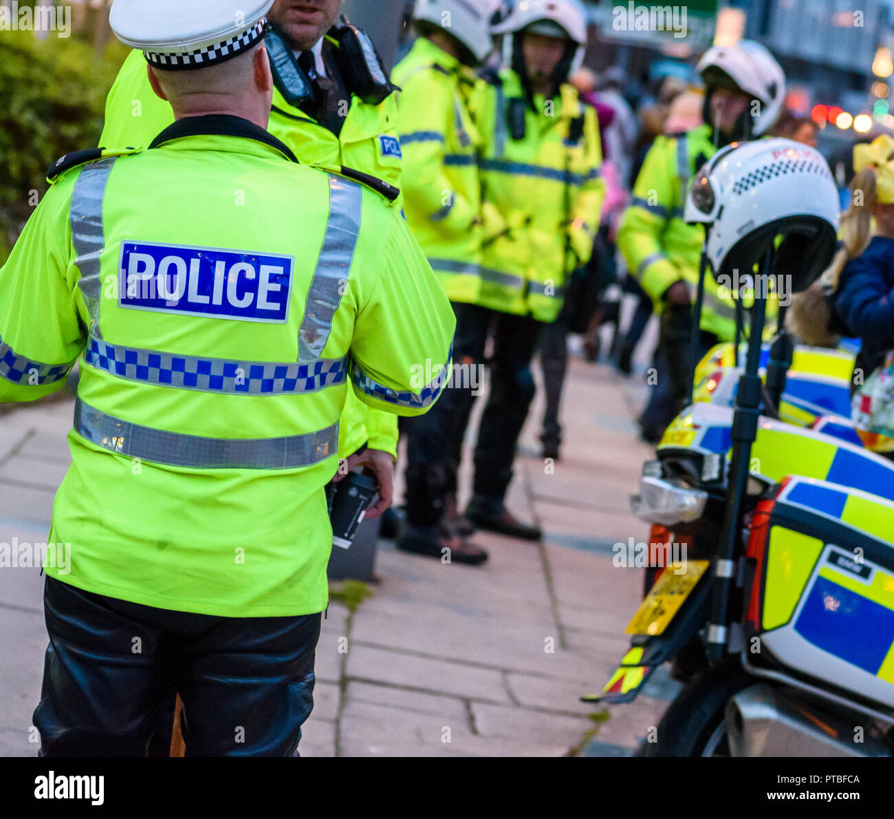 A group of police with motorcycles in Liverpool city centre. Stock Photo