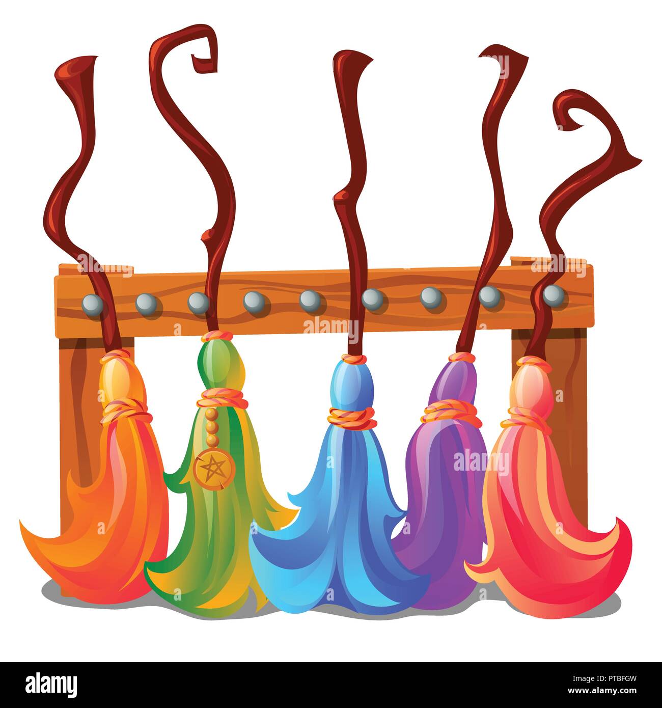 Wooden stand with colorful brooms of the witches isolated on white background. Sketch for a poster or card for the holiday of all evil spirits Halloween. Vector cartoon close-up illustration. Stock Vector
