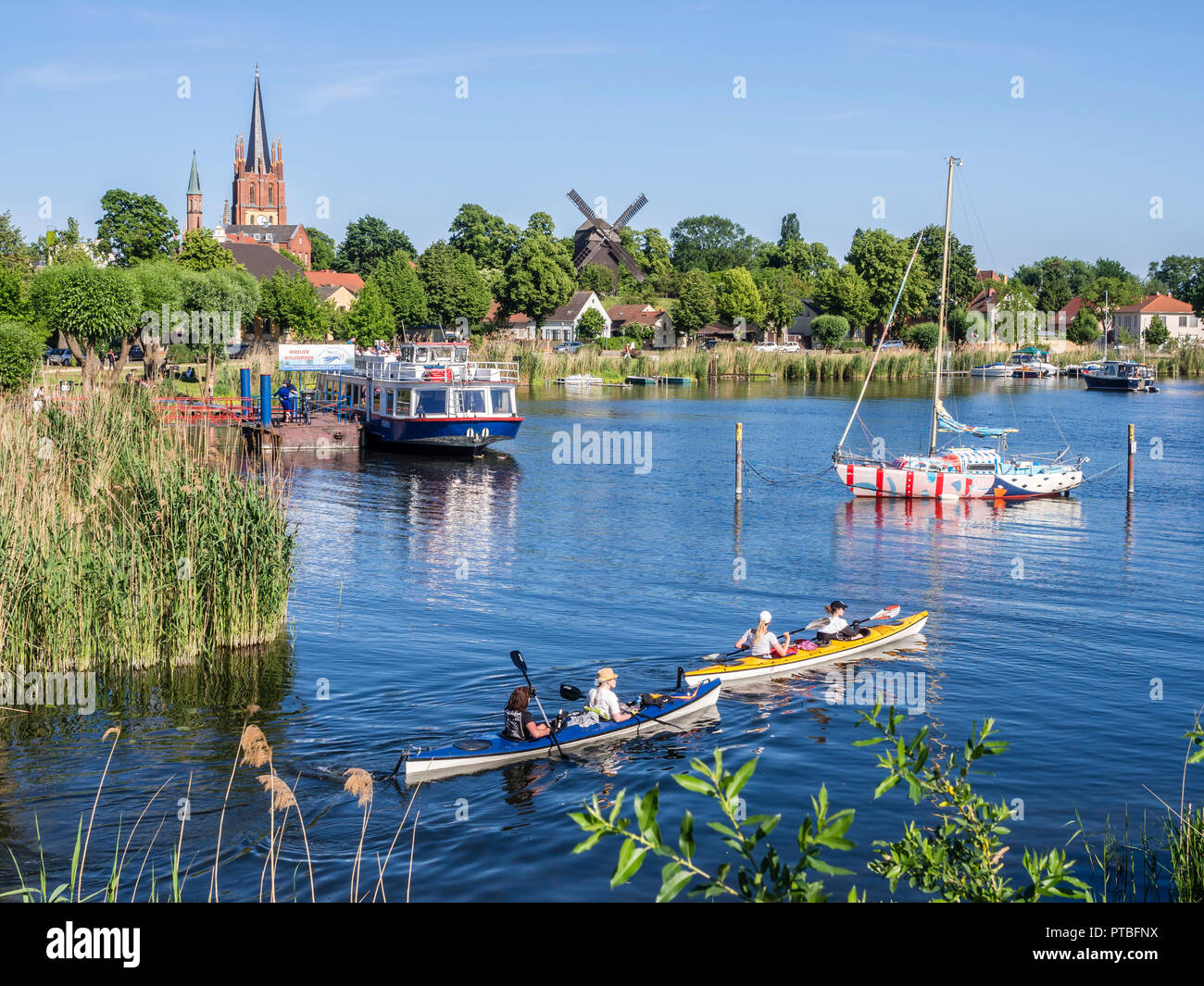 Havel cycle route, village Werder, peninsula with church an old mill, old city center at river Havel, Brandenburg, Germany. Stock Photo
