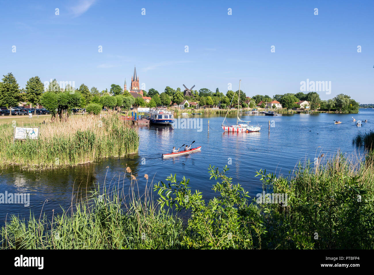 Havel cycle route, village Werder, peninsula with church an old mill, old city center at river Havel, Brandenburg, Germany. Stock Photo