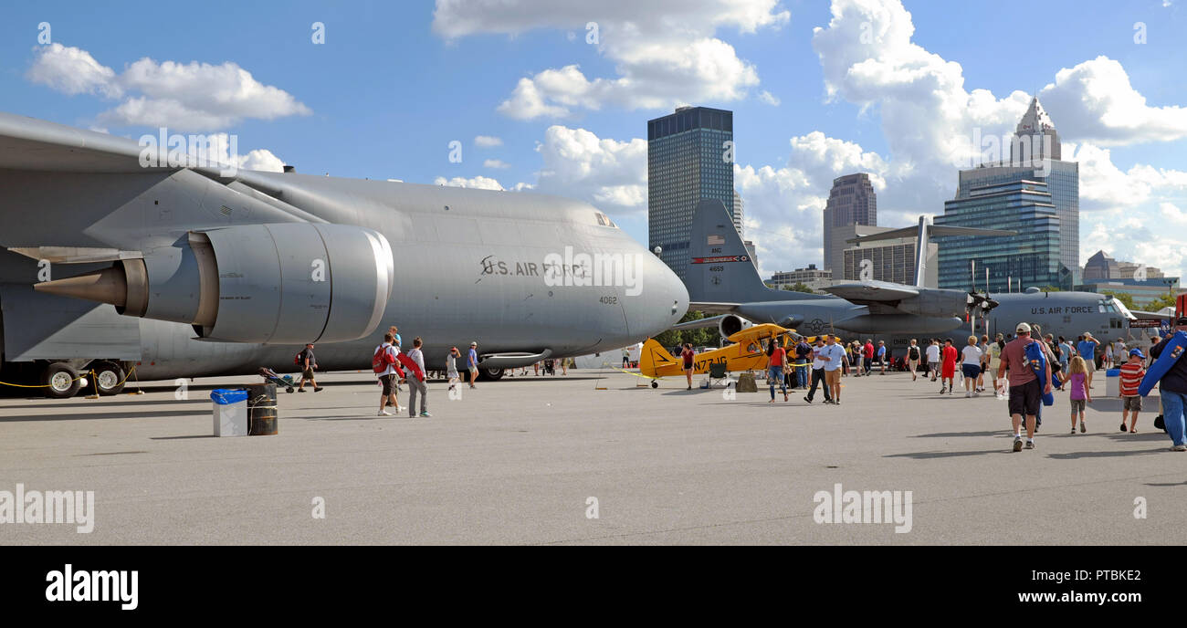 Planes and visitors on the Burke Lakefront tarmac in downtown Cleveland, Ohio, USA for the 2018 National Air Show. Stock Photo