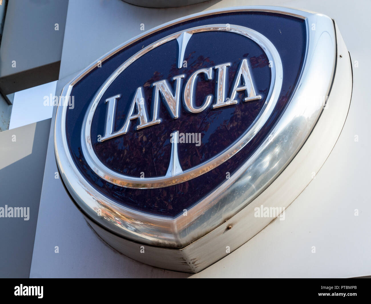 BELGRADE, SERBIA - OCTOBER 8, 2018: Lancia logo on their main dealership store Belgrade. Lancia is an Italian luxury car and automotive manufacturer,  Stock Photo