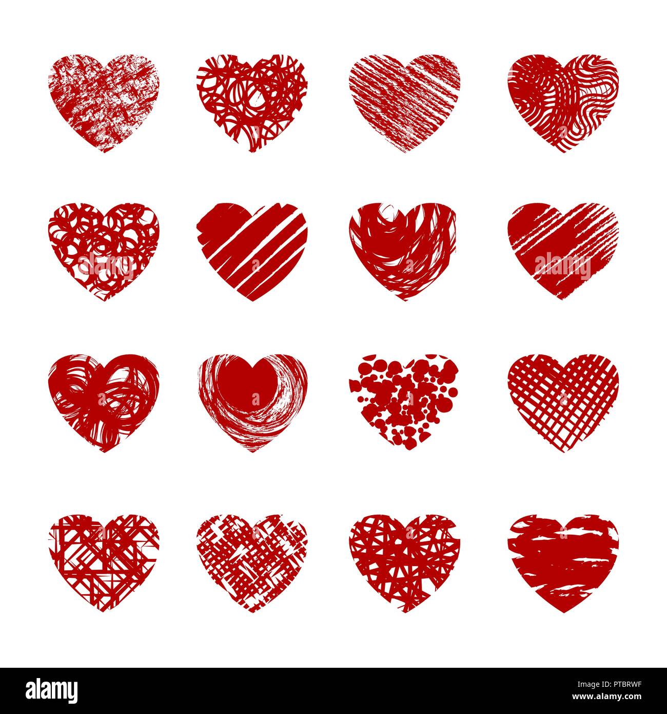 Red drawing hearts. Cartoon sketch hearted vectors, abstract love symbols isolated on white background Stock Vector