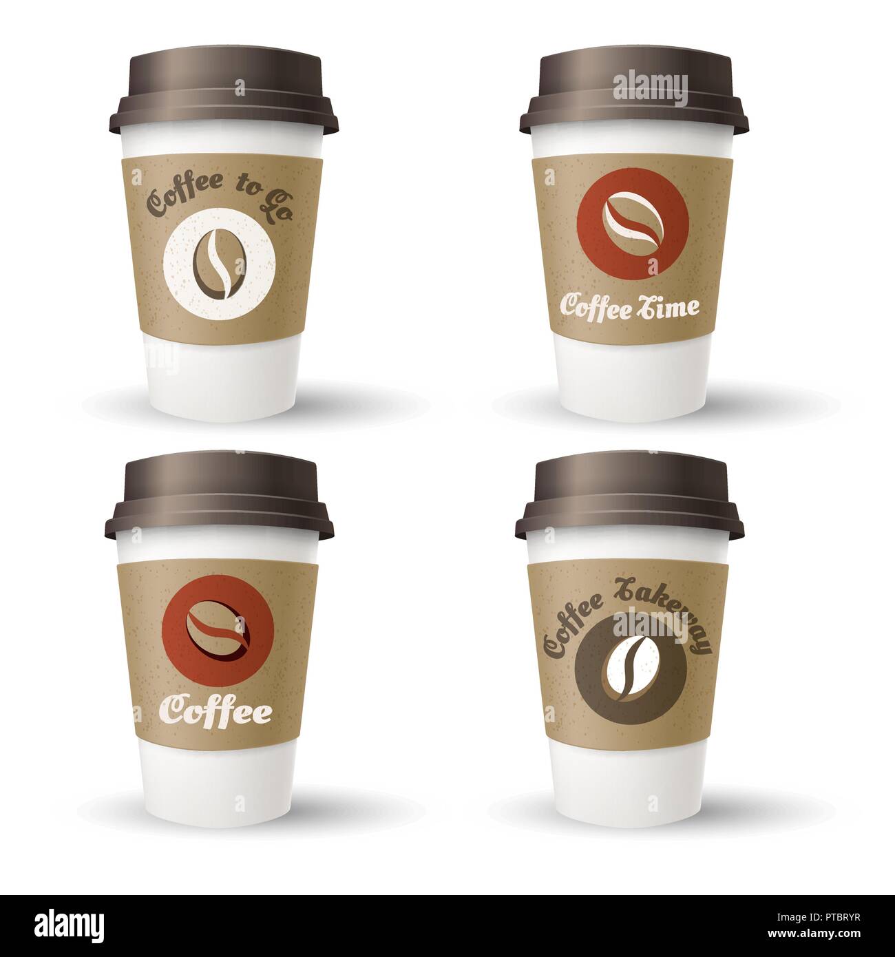 Hot coffee takeaway cups. Disposable drinking beverage paper and plastic take out container templates for branding isolated on white, vector illustrat Stock Vector