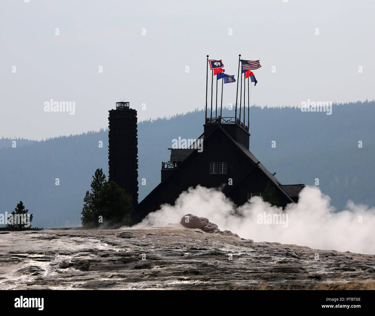 Old Faithfull Lodge with flying flags and steam from geyser in foreground Stock Photo