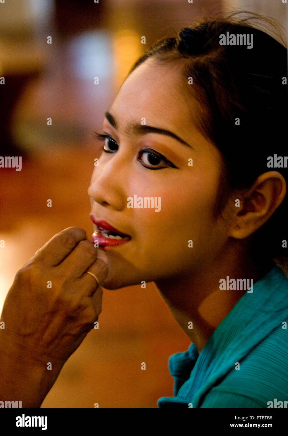 Make-up of the cambodian dancer of the national ballet, Phnom Penh province, Phnom Penh, Cambodia Stock Photo