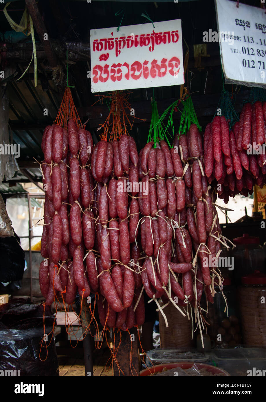 Saussages for sale inside a local market, Phnom Penh province, Phnom Penh, Cambodia Stock Photo