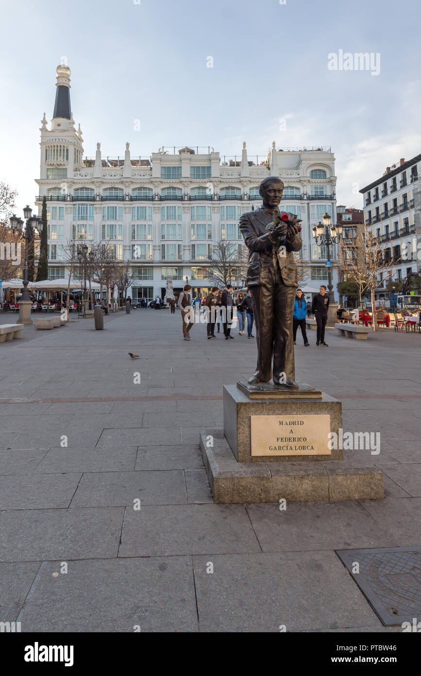 MADRID, SPAIN - JANUARY 23, 2018: Sunset view of Monument of Federico Garcia Lorca at Plaza Santa Ana in City of Madrid, Spain Stock Photo