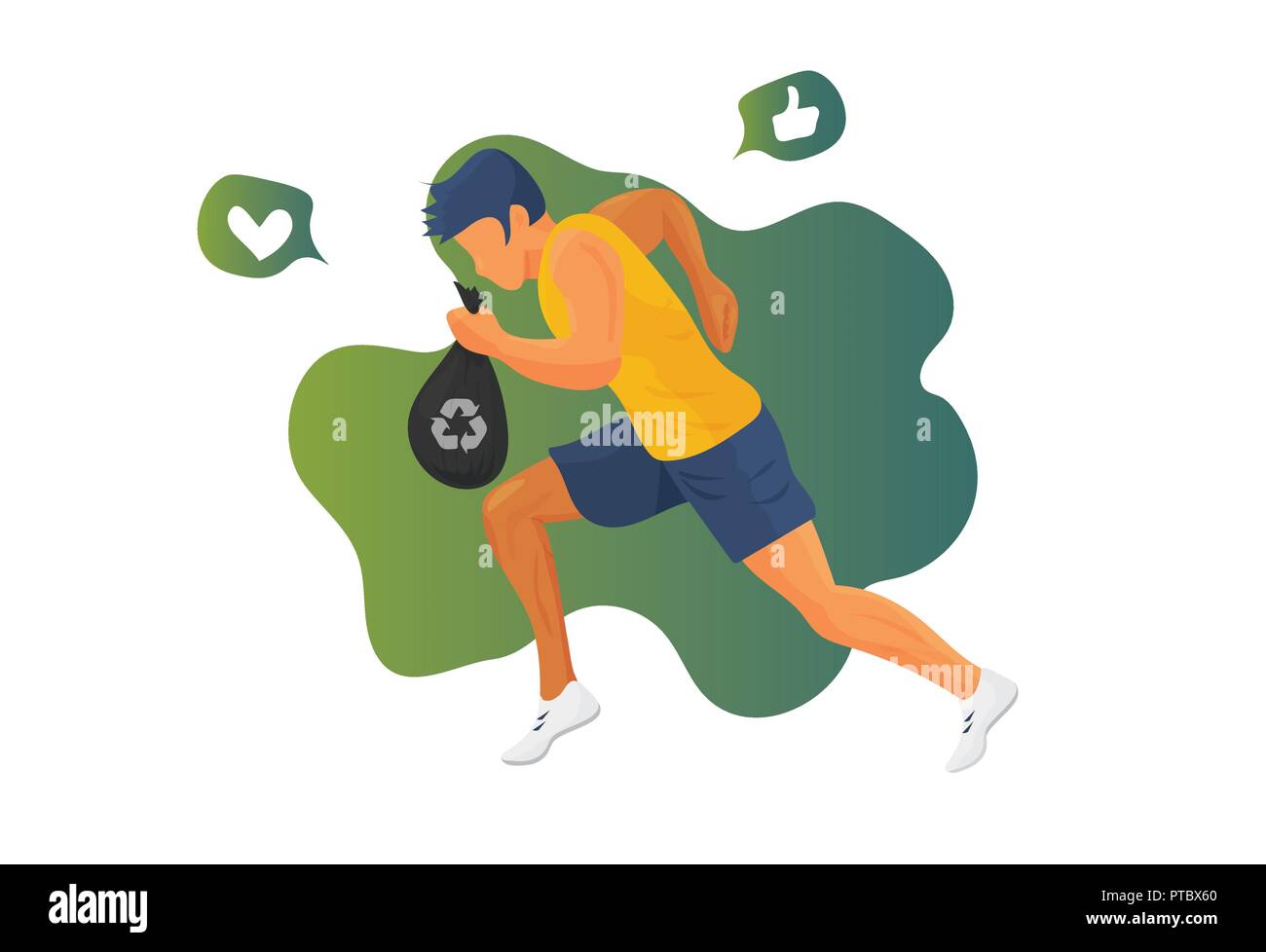 Plogging vector illustration running athlete with a bag og garbage or