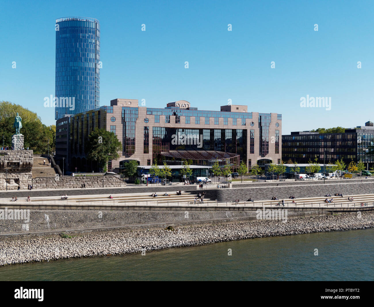 The Hyatt Regency hotel occupies an impressive spot on the east bank of the river Rhine in Cologne city centre Stock Photo
