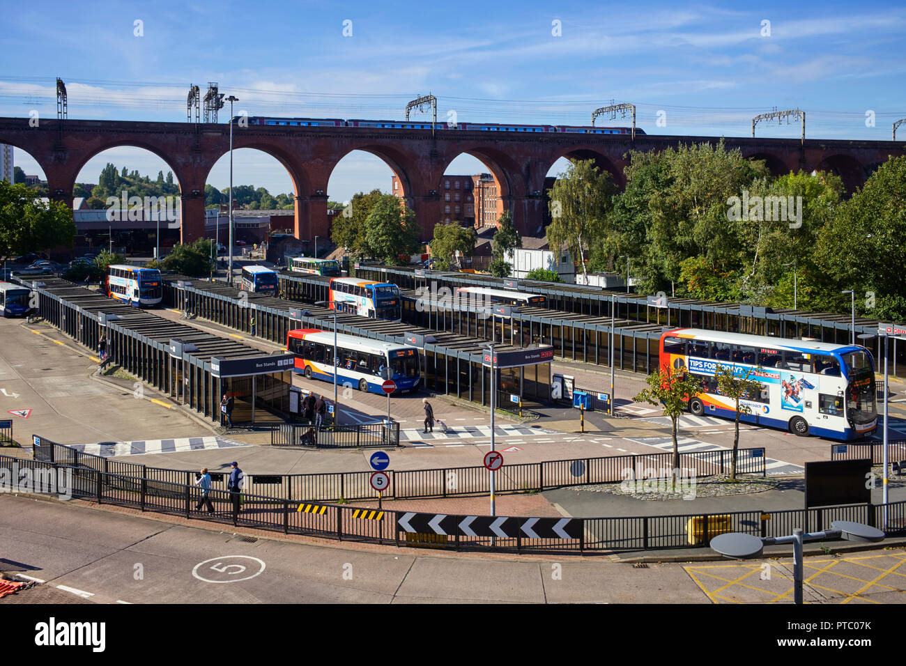 Stockport train viaduct with bus station in the foreground Stock Photo