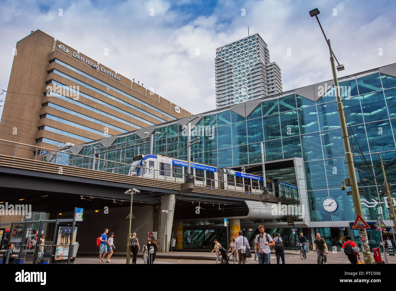 Hague, Netherlands - July 6, 2018: randstadRail light rail tram travelling from The Hague Central Station through city Stock Photo