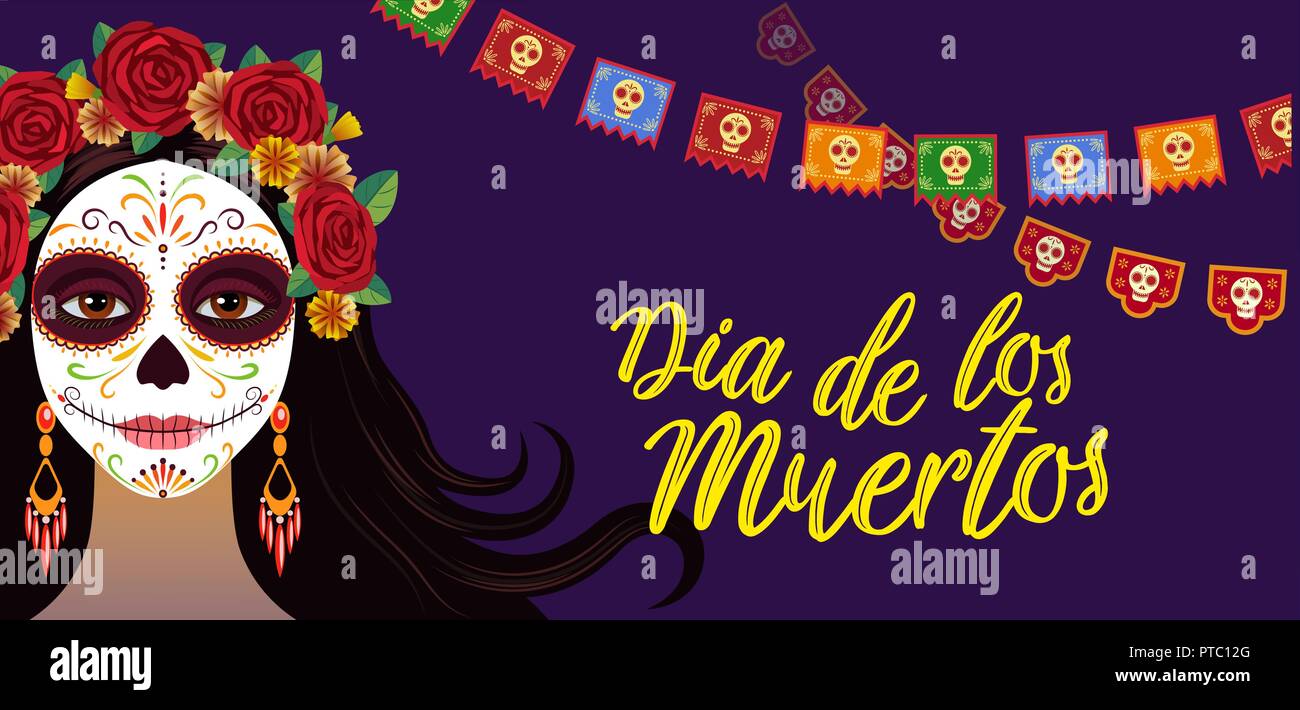Day of dead, colorful banner with girl with traditional make-up Stock Vector