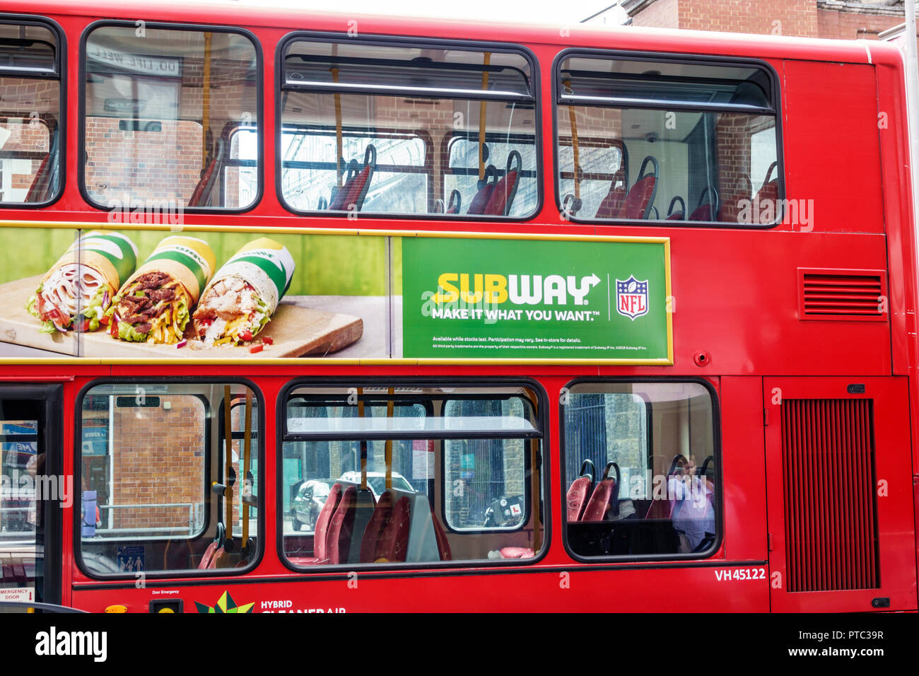 London England,UK,United Kingdom Great Britain,Lambeth South Bank,Waterloo Road,Metroline red double-decker bus,public transportation,empty,ad adverti Stock Photo
