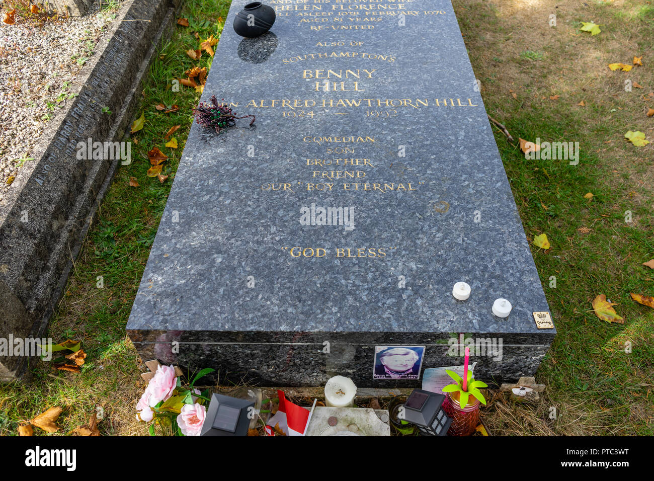 The grave of British comedian Benny Hill at Hollybrook Cemetery in