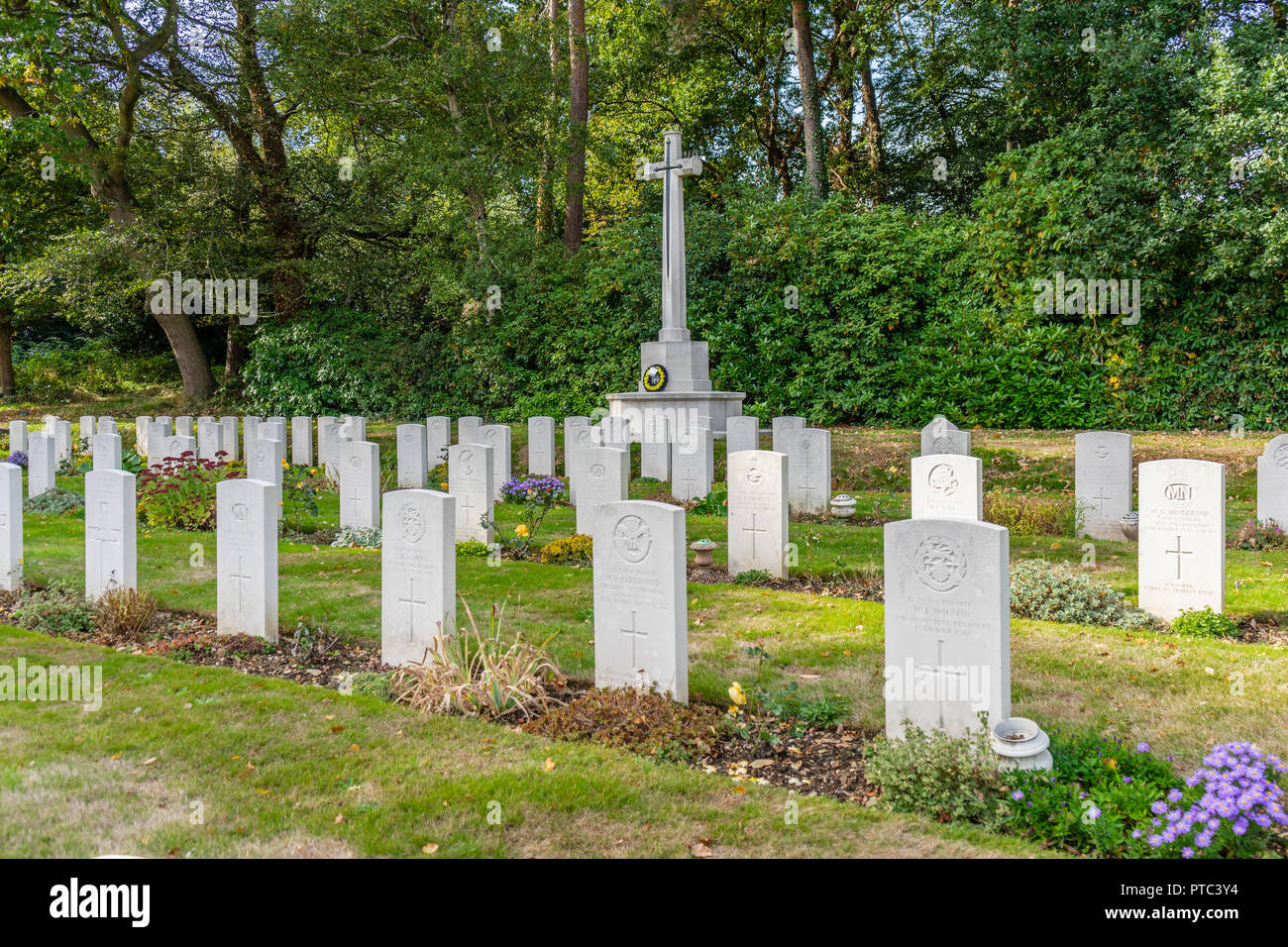Rows of WW2 fallen soldiers graves and war memorial at Hollybrook Cemetery in Southampton, Hampshire, England, UK Stock Photo