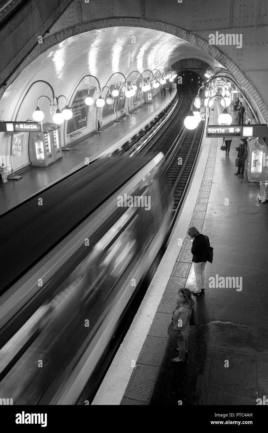 Paris, France, August 28 2013: Subway train arriving in the station. Stock Photo