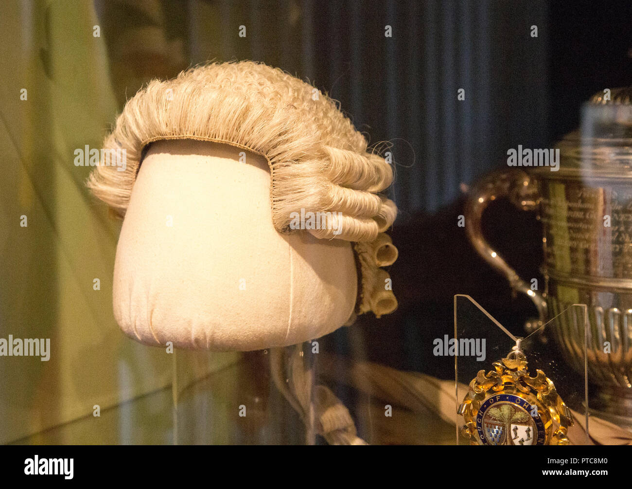 Alek Bernold of Utica, New York, wearing a traditional judge's wig and robe,  cheers for New York Yankees right fielder Aaron Judge (99) prior to the  game against the Baltimore Orioles at