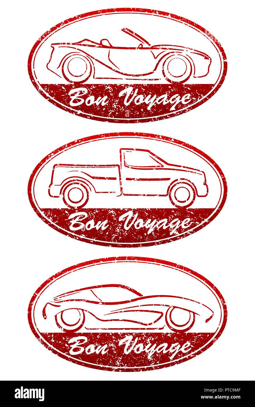 Set of 3 Bon Voyage grunge style oval red rubber stamps with cars. There are cabriolet, pickup and sport car. Stock Vector