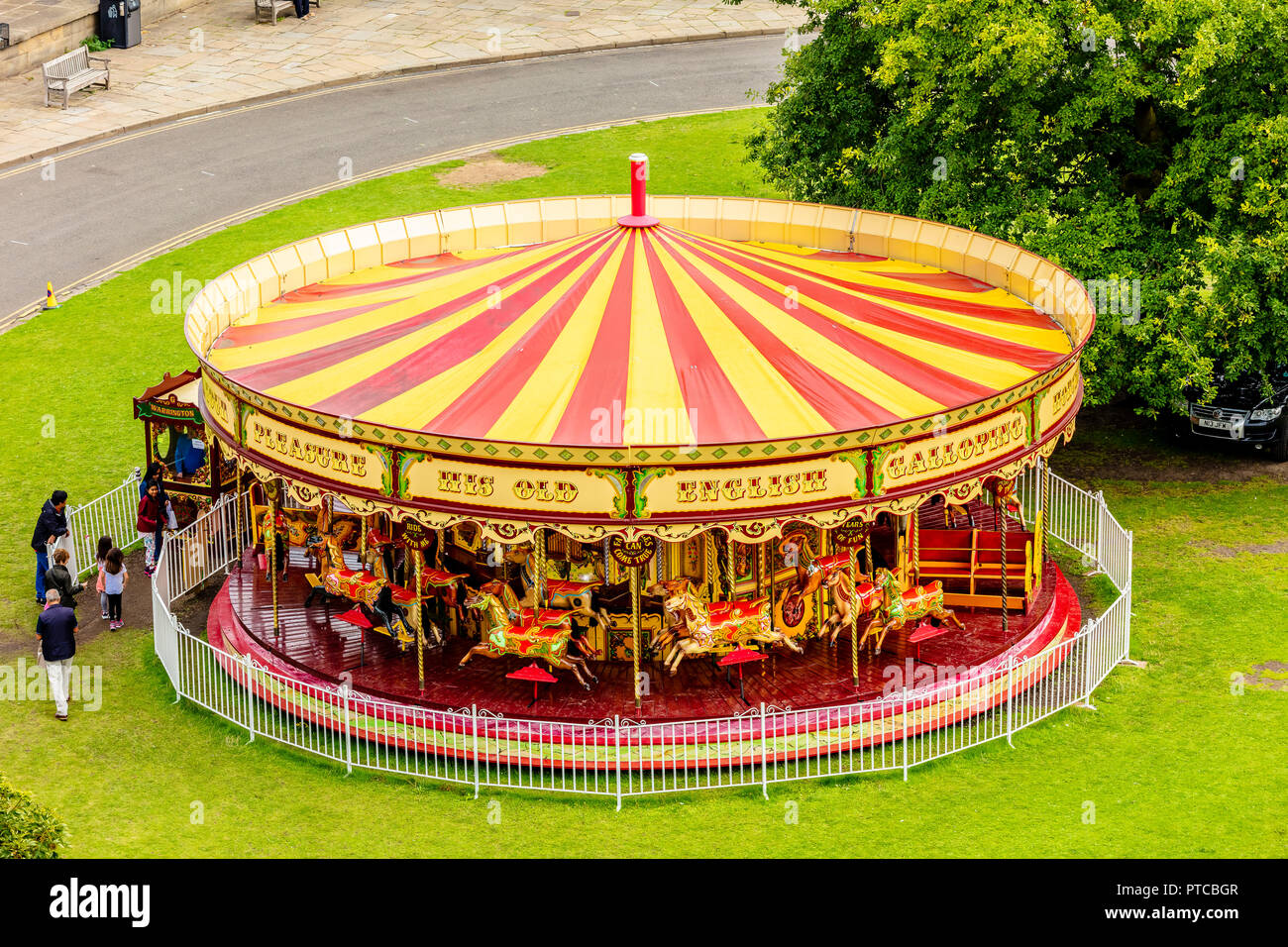 Aerial top down view of Merry go round at York castle museum view from Clifford's Tower Stock Photo
