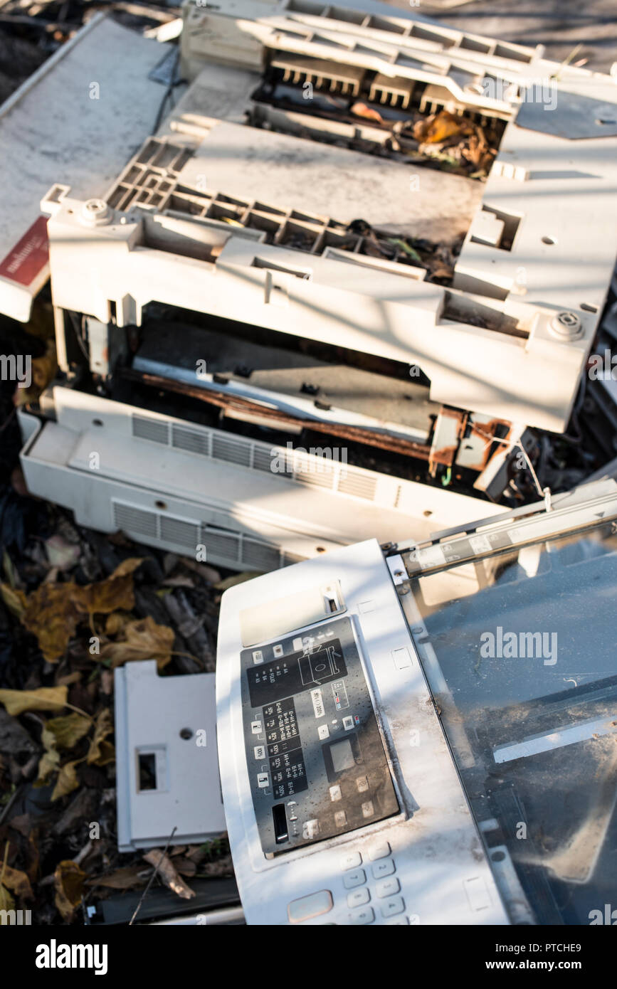 Old broken printers and copiers for scrap Stock Photo Alamy