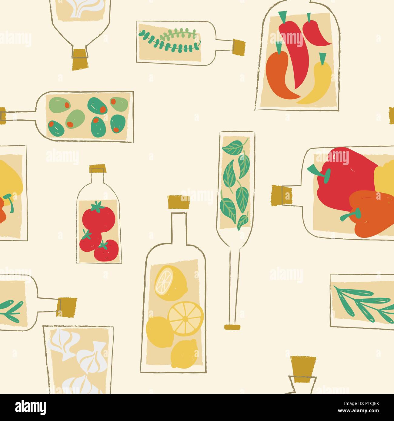 Vector decorative kitchen bottles seamless pattern background. Perfect for crafting projects, scrapbooking or fabrics. Stock Vector