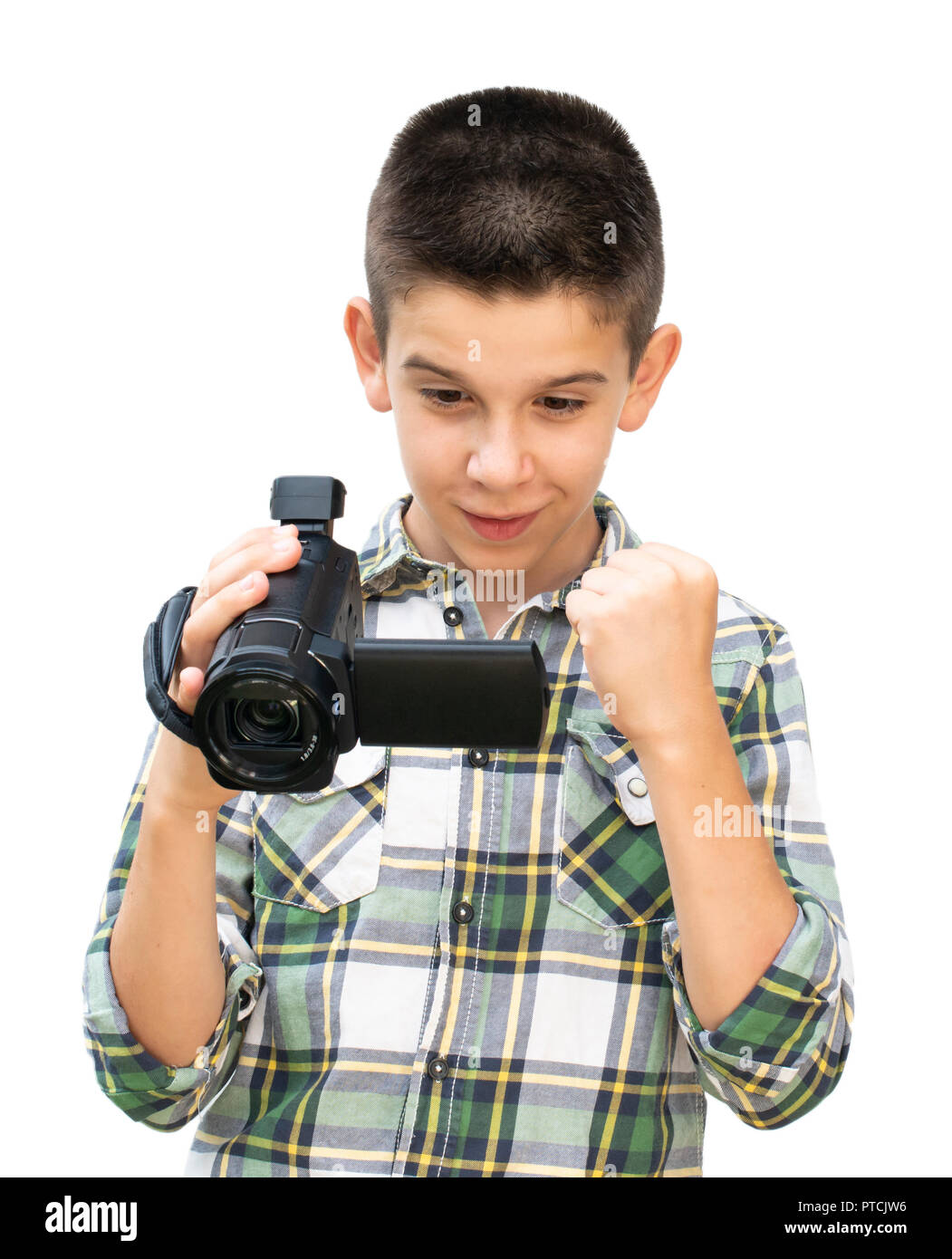 Boy hold video camera. White isolated Stock Photo Alamy