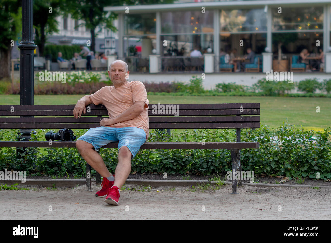 Back of man alone on park bench hi-res stock photography and images - Alamy