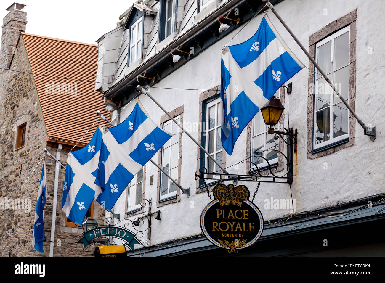 Row of Quebec's provincial flag, the Fleur de lys. A symbol for the French province of Quebec in Canada. Stock Photo