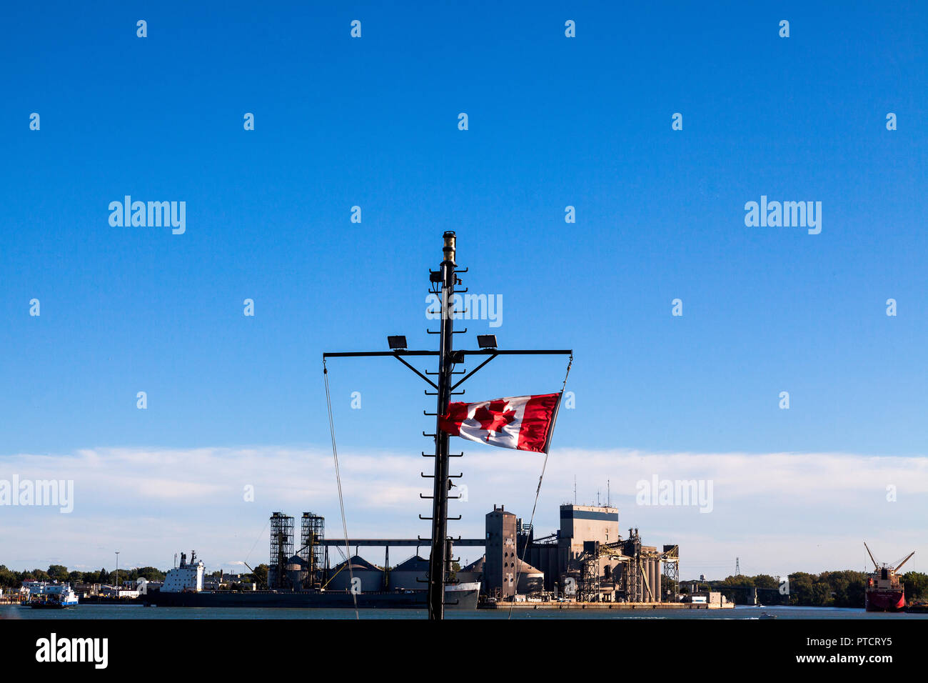 Fore mast of the ferry MV LucienL. crossing St. Lawrence river between SorelTracy and Saint