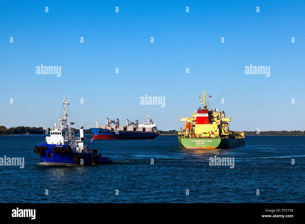 Ships outside Port of Sorel on the St. Lawrence river, Quebec, Canada