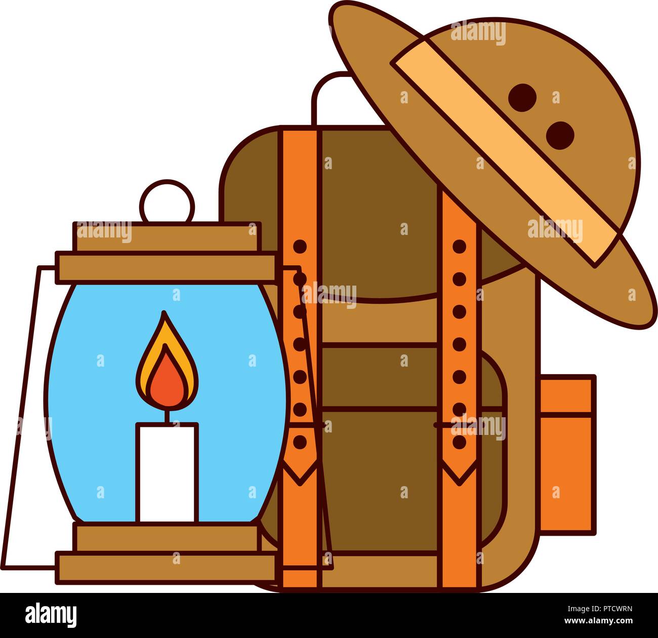 rucksack lantern and hat safari equipment Stock Vector