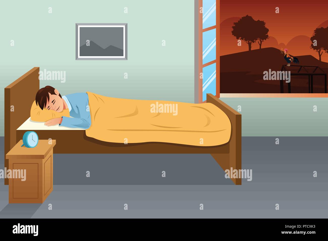 A vector illustration of Sleeping Man With Rooster Calling Stock Vector