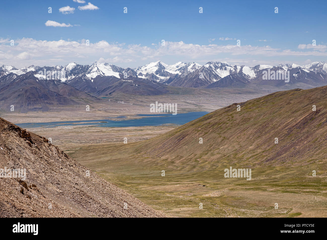 View of Lake Zorkul and Afghan Great Pamir from Bel Airyk Pass, Keng Shiber, Pamir Mountains, Gorno Badakhshan Autonomous Region, Tajikistan. Stock Photo