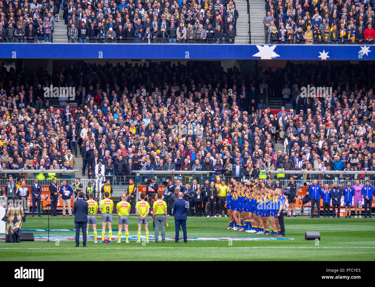 Umpires, West Coast Eagles team fans and supporters at 2018 AFL Grand Final at MCG Melbourne Victoria Australia. Stock Photo