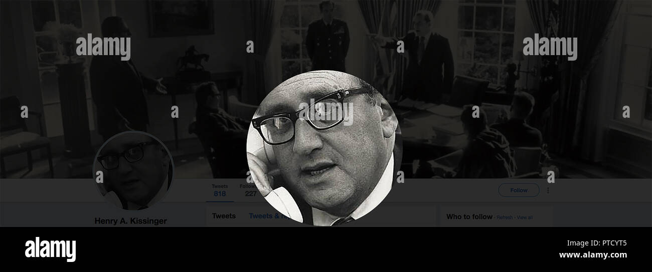 Fake Twitter page for Henry Kissenger. Henry Alfred Kissinger is an American statesman, political scientist, diplomat and geopolitical consultant who served as United States Secretary of State and National Security Advisor under the presidential administrations of Richard Nixon and Gerald Ford. Stock Photo