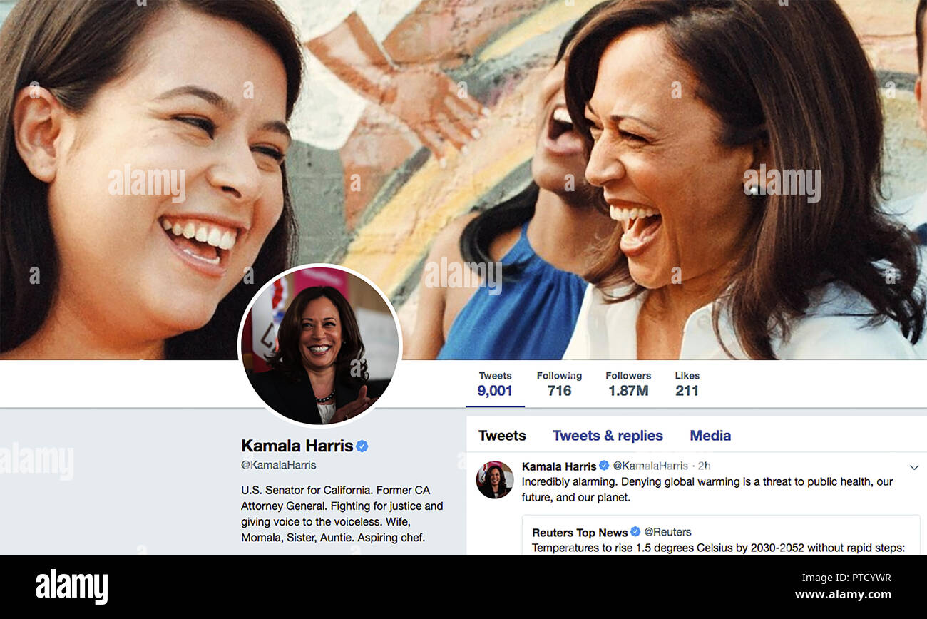 Twitter page for Kamala Harris. Kamala Devi Harris is an American attorney and politician. She is a member of the Democratic Party. Harris has served as the junior United States Senator from California since 2017. She had previously served as the 32nd Attorney General of California from 2011 to 2017. Stock Photo