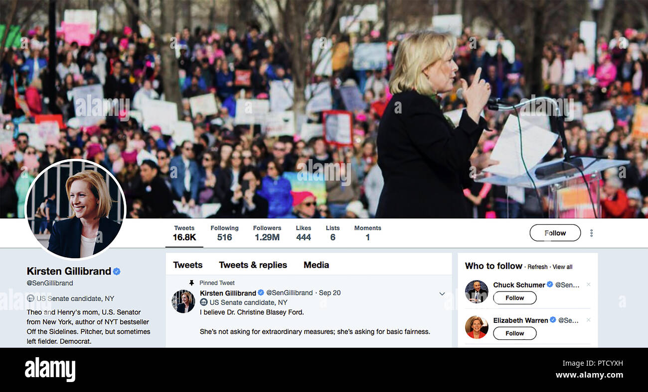 Twitter page for Kirsten Gillibrand. Kirsten Elizabeth Gillibrand is an American attorney and politician serving as the junior United States Senator from New York since January 2009. She previously held the position of U.S. Representative for New York's 20th congressional district from 2007 until her Senate appointment. Stock Photo