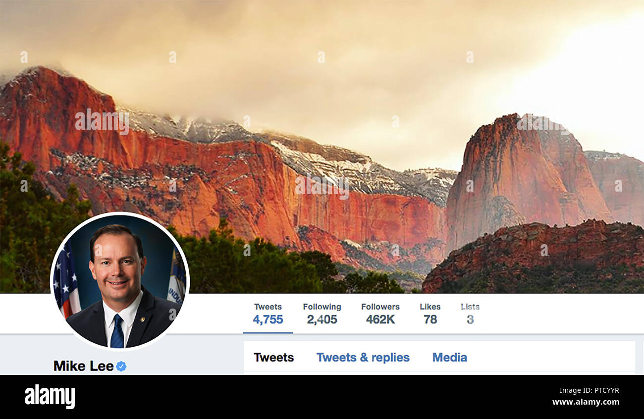 Twitter page for Mike Lee. Michael Shumway Lee is an American politician,  author, and attorney who is the junior United States Senator from Utah. A  libertarian-leaning Republican Stock Photo - Alamy