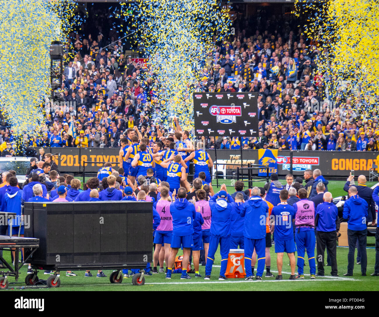 Confetti, West Coast Eagles premiership players celebrating after 2018