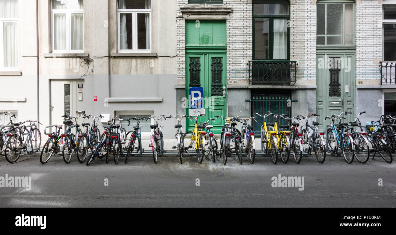 Bicycles parked in a car park, bicycle parking, Ghent, Belgium Stock