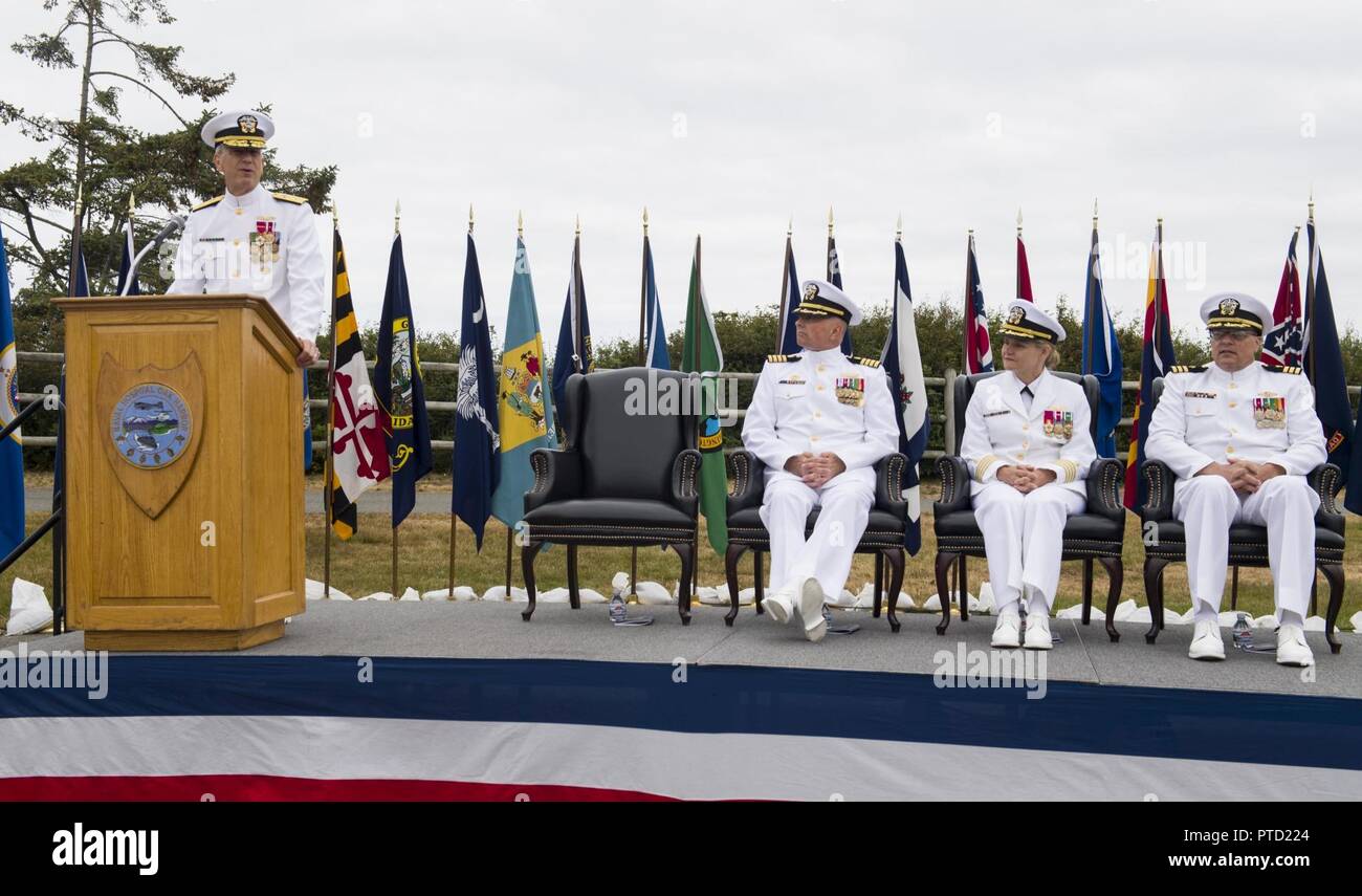 OAK HARBOR, Wash. (July 7, 2017) Rear Adm. Paul Pearigen, commander, Navy Medicine West, speaks during the Naval Hospital Oak Harbor change of command ceremony at Naval Air Station Whidbey Island. Capt. Christine Sears relieved Capt. Frederick McDonald as the commanding officer of Naval Hospital Oak Harbor. Stock Photo
