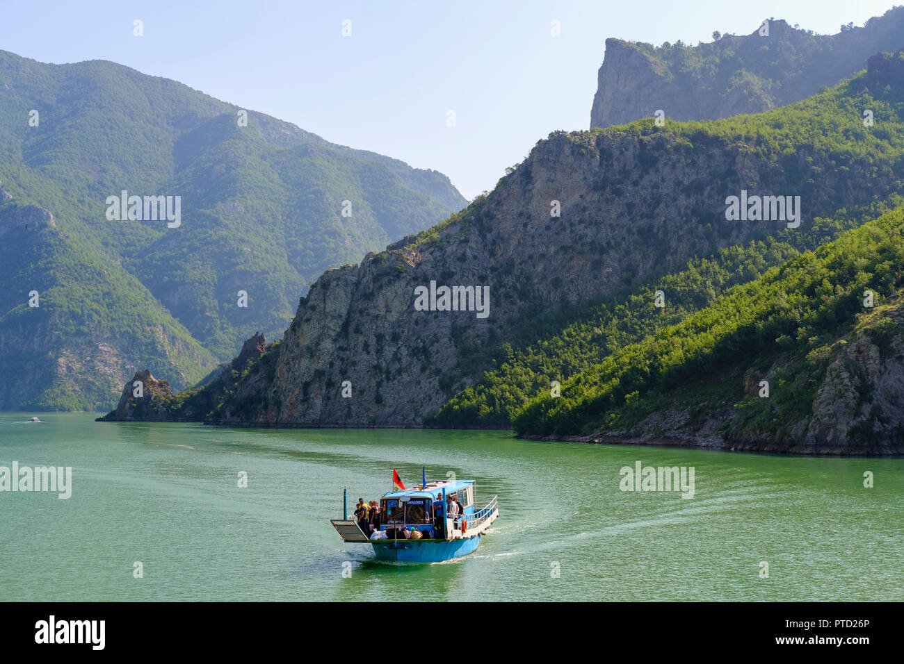 Ferry to Koman Reservoir, Liqeni i Komanit, River Drin, Qark Shkodra, Albania Stock Photo