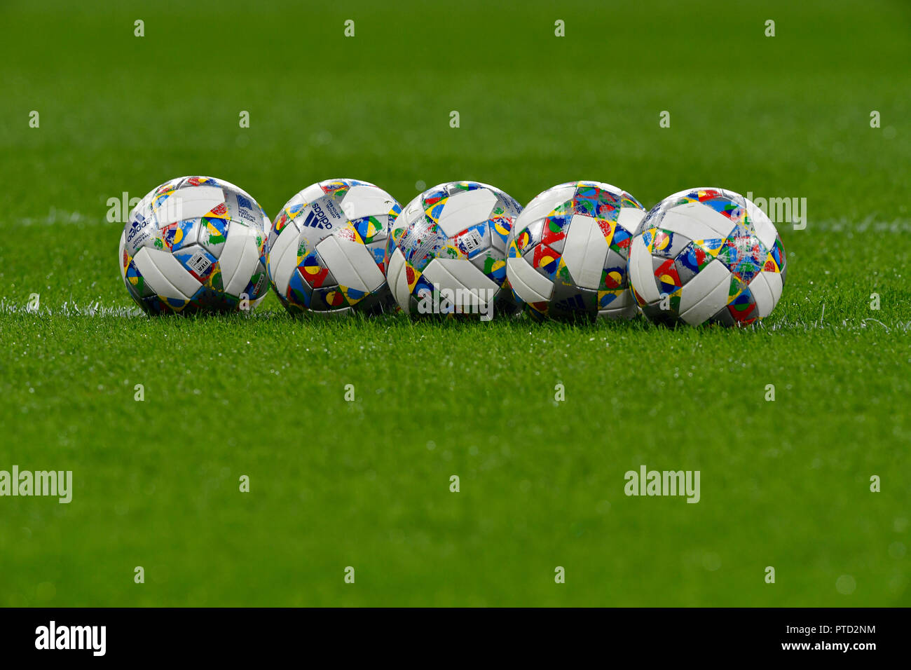 Adidas UEFA Nations League match balls, on grass, Allianz Arena, Munich, Bavaria, Germany Stock Photo