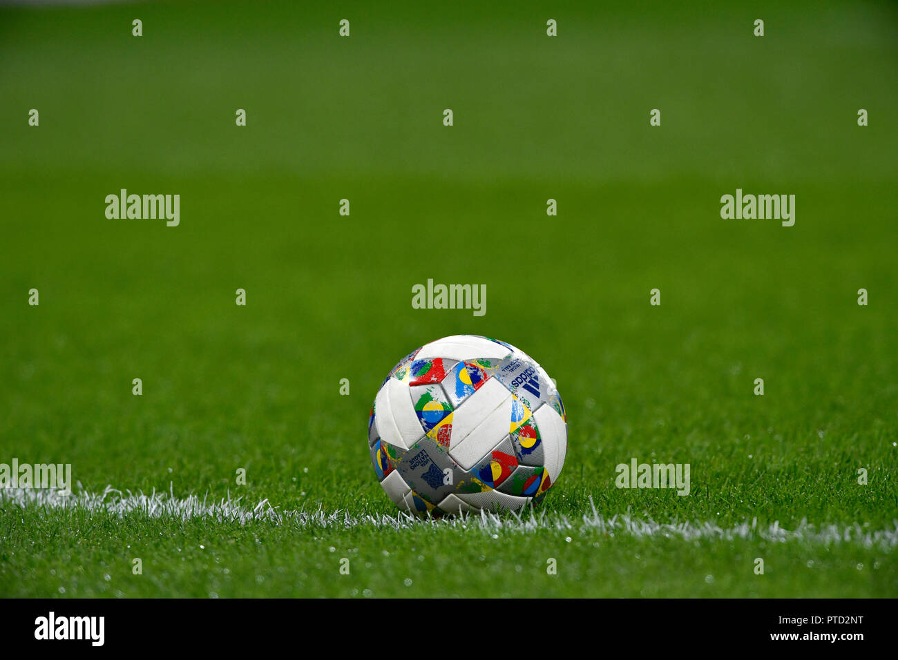 Adidas UEFA Nations League match ball, on grass, Allianz Arena, Munich, Bavaria, Germany Stock Photo