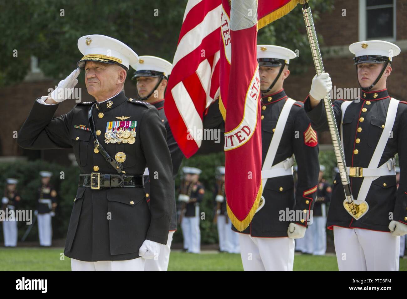 U.S. Marine Corps Lt. Gen. Jon M. Davis, deputy commandant of Aviation, salutes during his retirement ceremony Marine Barracks Washington, Washington, D.C., July 10, 2017. Davis retired after 40 years of service in the U.S. Marine Corps. Stock Photo
