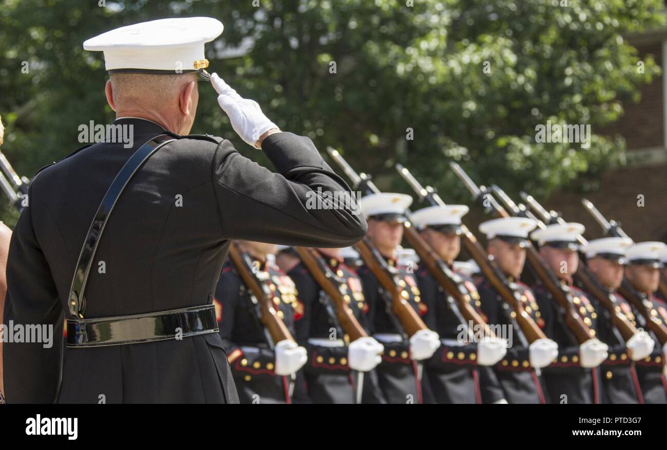 U.S. Marine Corps Lt. Gen. Jon M. Davis, deputy commandant of Aviation, salutes during his retirement ceremony, Marine Barracks Washington, Washington, D.C., July 10, 2017. Davis retired after 40 years of service in the U.S. Marine Corps. Stock Photo