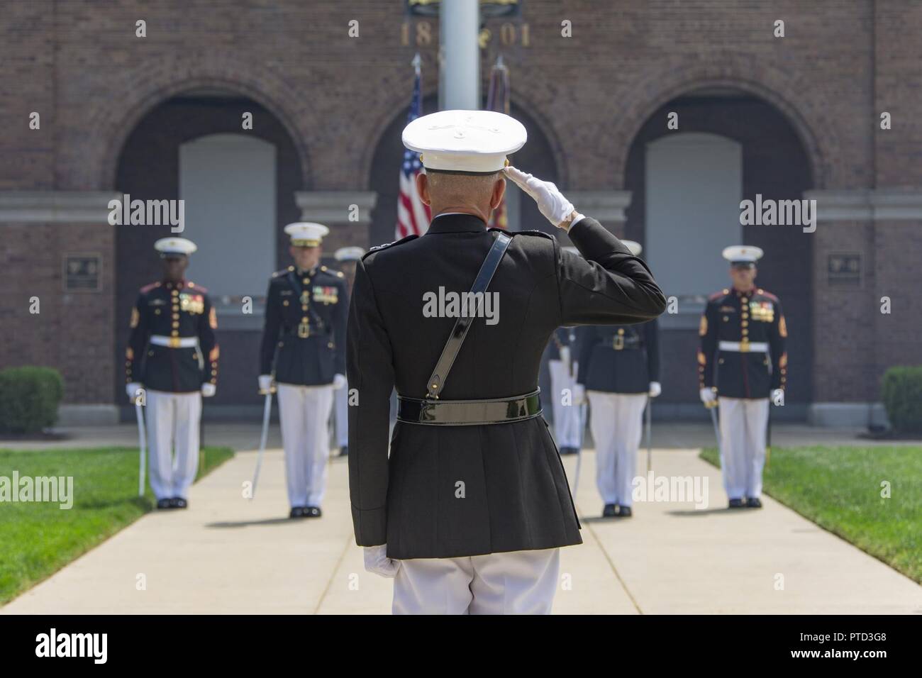 U.S. Marine Corps Lt. Gen. Jon M. Davis, deputy commandant of Aviation, salutes during his retirement ceremony, Marine Barracks Washington, Washington, D.C., July 10, 2017. Davis retired after 40 years of service in the U.S. Marine Corps. Stock Photo