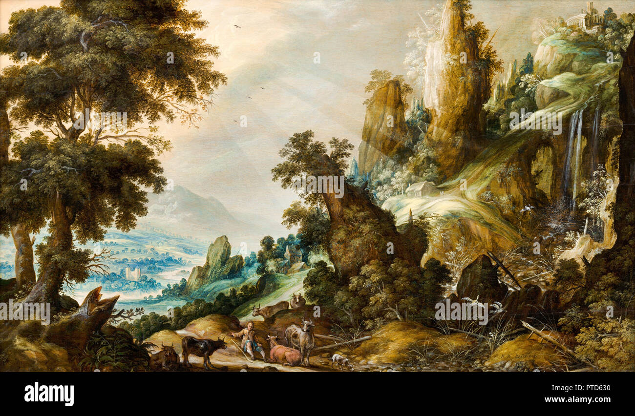 Kerstiaen de Keuninck, Mountain Landscape with Waterfall, Circa 1600, Oil on canvas, Bonnefanten Museum, Maastricht, Netherlands. Stock Photo